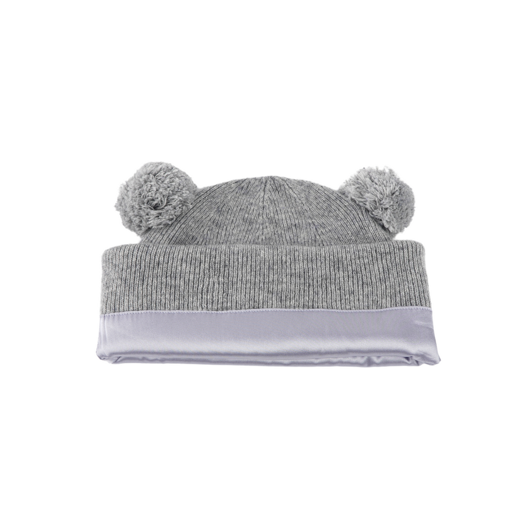 Kids Satin Lined Knit Beanie with Double Pom Pom