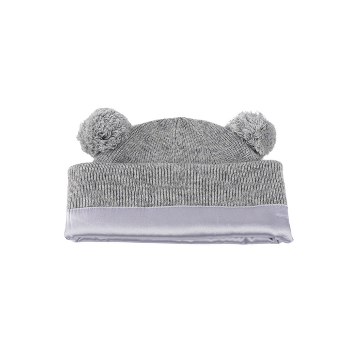 Kids Satin Lined Knit Beanie with Double Pom Pom